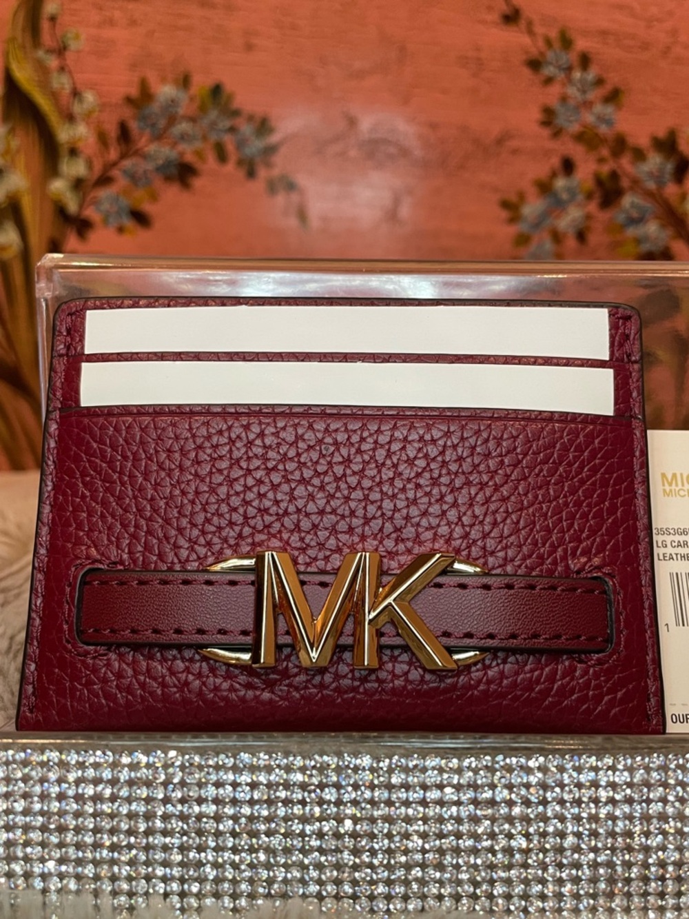 Michael Kors Reed Dark Cherry With Gold Hardware Pebbled Leather Card Holder